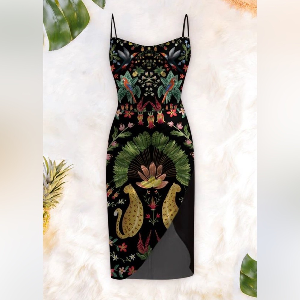 Averie Cowl Midi Dress In Rainforest Print Size S Feminine‎ Animal Print Summer